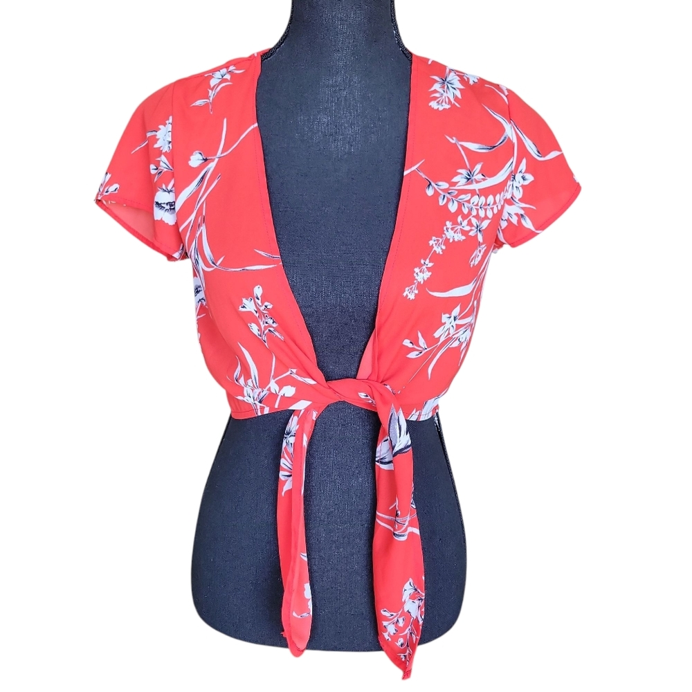 Dress Forum Red Floral Tie Waist Front Crop Top Women's Size S